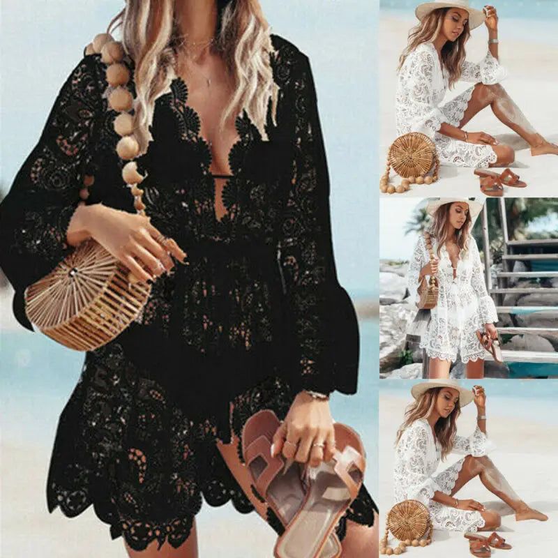 Háčkované bílé pletené plážové šaty