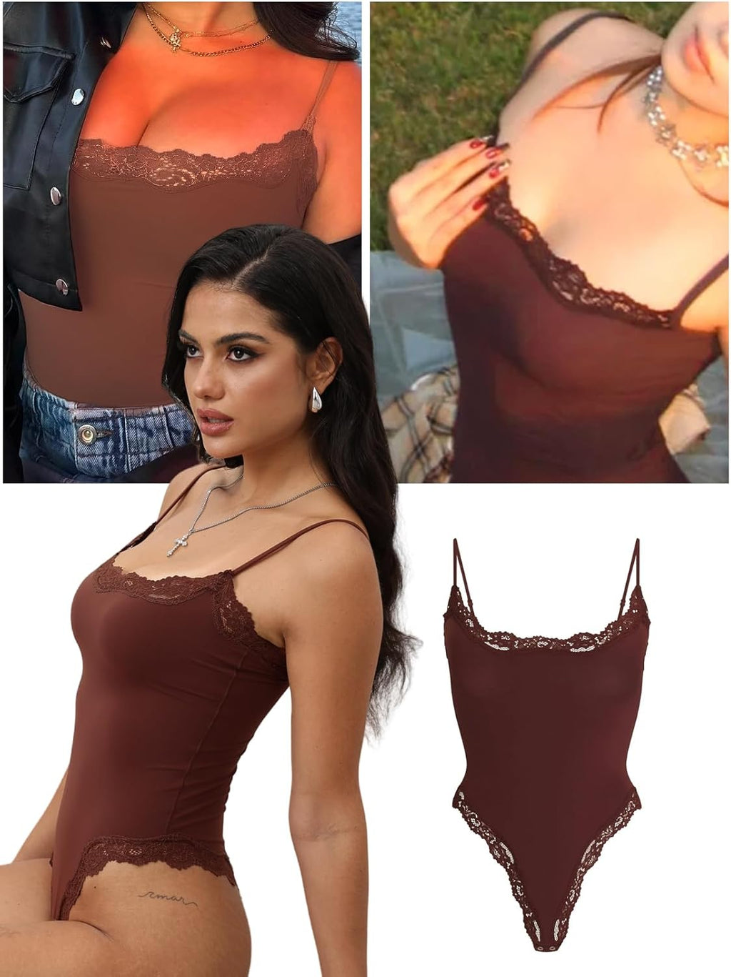 Krajka detail Bodysuit Square Neck Spaghetti Strap Tank Top Bodysuits