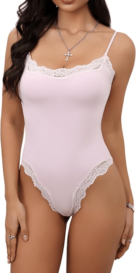 Krajka detail Bodysuit Square Neck Spaghetti Strap Tank Top Bodysuits