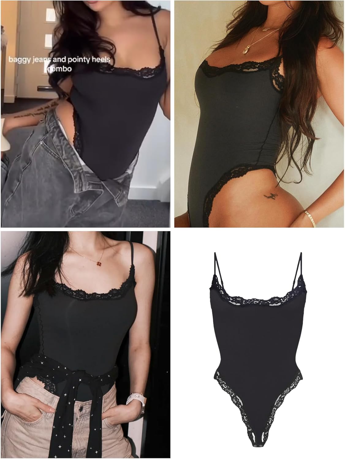 Krajka detail Bodysuit Square Neck Spaghetti Strap Tank Top Bodysuits