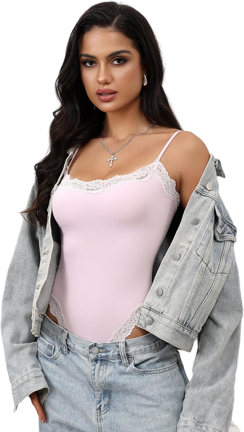 Krajka detail Bodysuit Square Neck Spaghetti Strap Tank Top Bodysuits