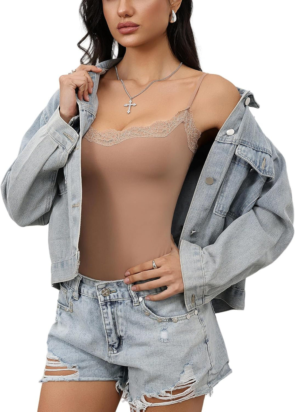 Krajka detail Bodysuit Square Neck Spaghetti Strap Tank Top Bodysuits