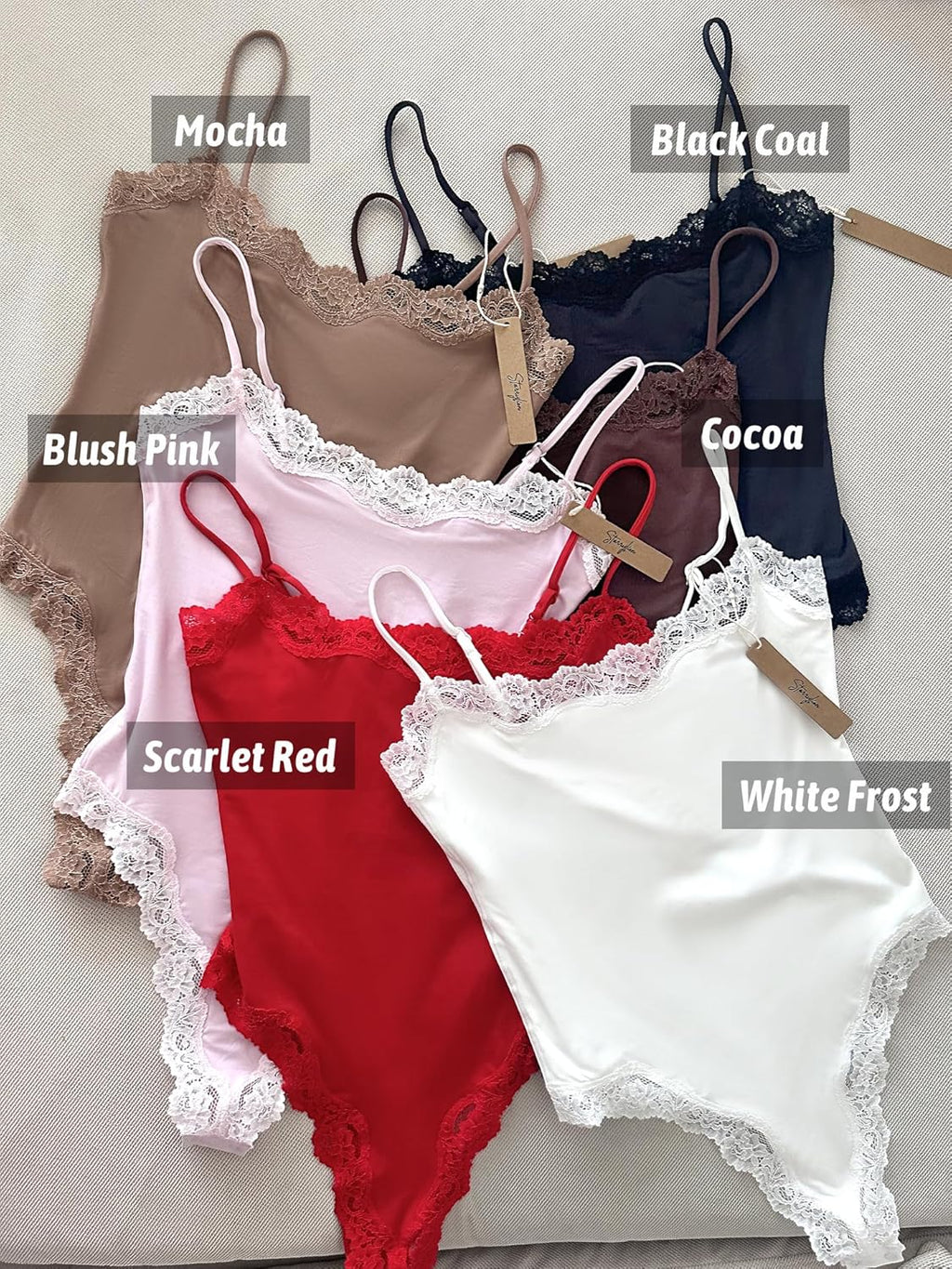 Krajka detail Bodysuit Square Neck Spaghetti Strap Tank Top Bodysuits