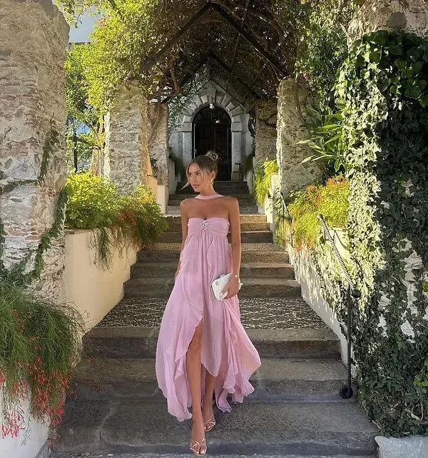 Collins | Růžový bezramenní maxi šaty