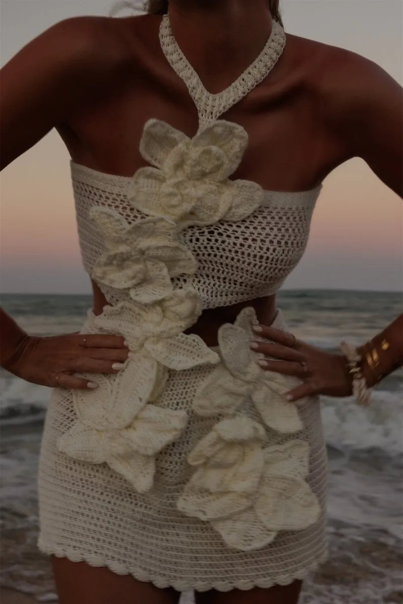 Margaret | Halter Pletené Květinové Mini Šaty