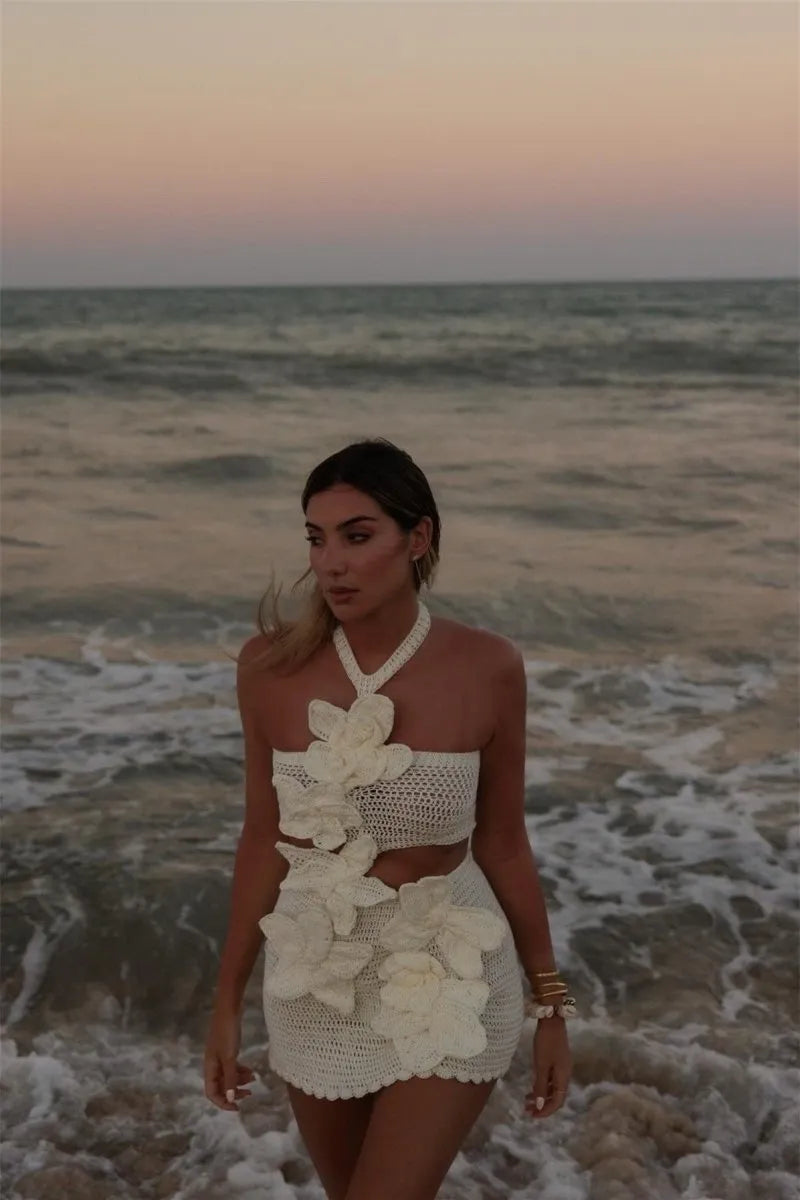 Margaret | Halter Pletené Květinové Mini Šaty