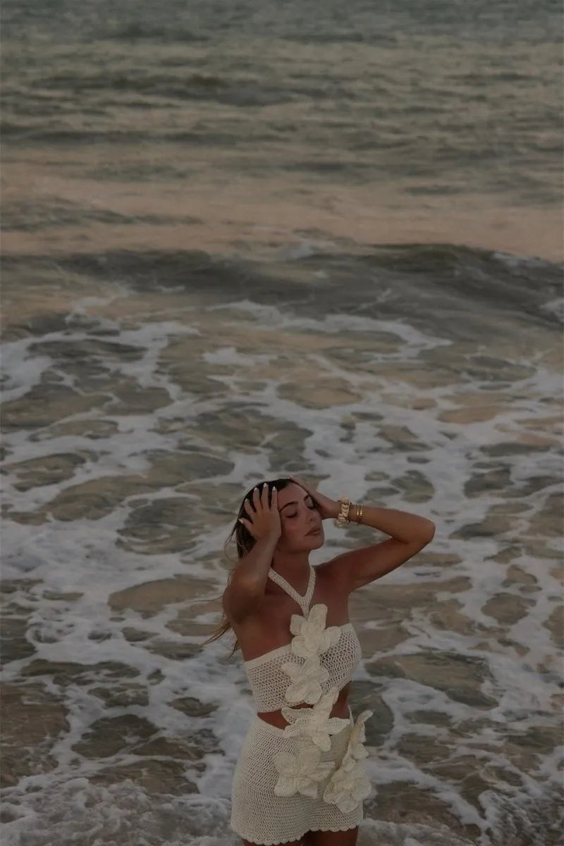 Margaret | Halter Pletené Květinové Mini Šaty