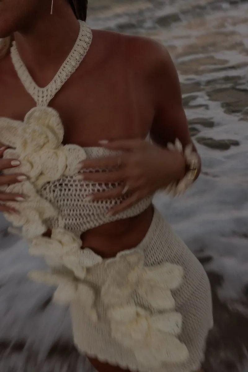 Margaret | Halter Pletené Květinové Mini Šaty