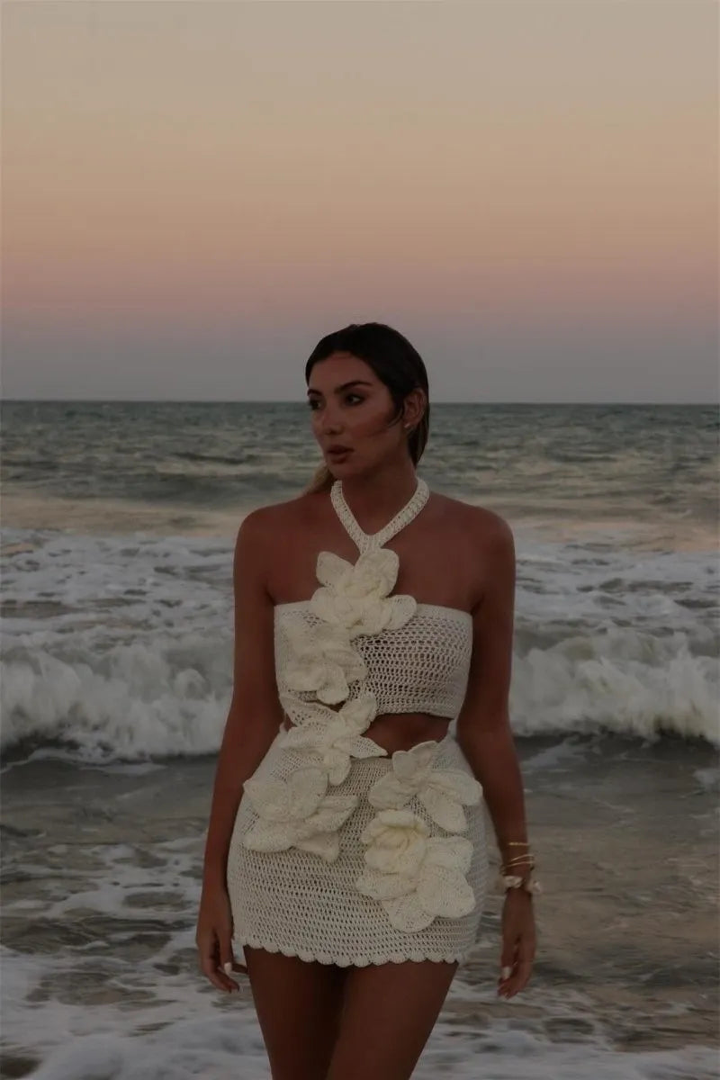 Margaret | Halter Pletené Květinové Mini Šaty